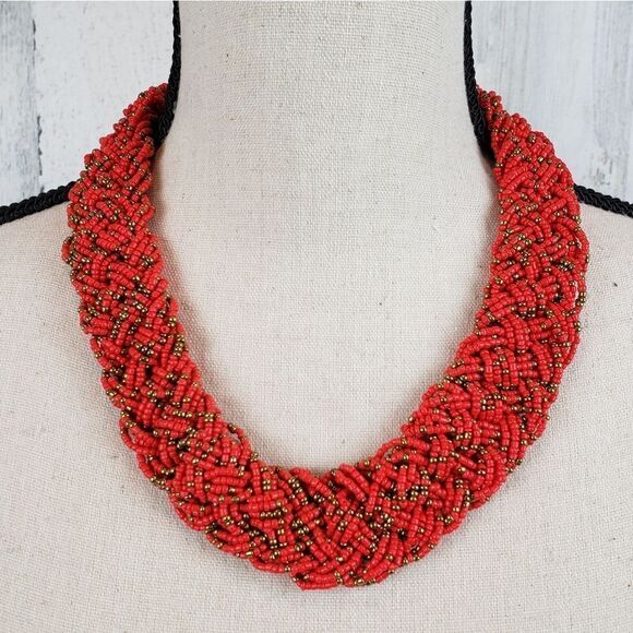 Red & Bronze Braided Beaded Necklace - Picture 1 of 1